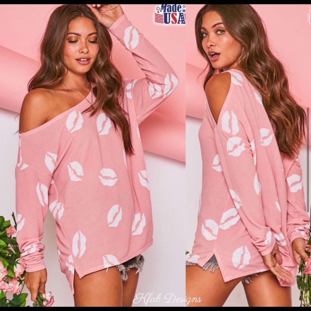 New! Sale!🔥 Barbie Pink w/ Lips Asymmetrical Cut Out Shoulder Cold Shoulder Top - Picture 4 of 9